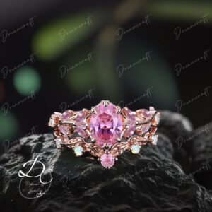 Vintage Oval Cut Pink Sapphire Engagement Ring Sets Nature Inspired Cluster Promise Ring Rose Gold Art Deco Leaf Pink Gemstone Branch Ring