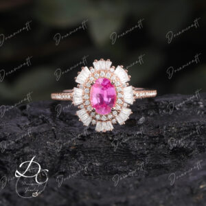 Vintage Pink Sapphire Oval Engagement Ring Rose Gold Halo Diamond Art Deco Gatsby Ring Antique Half Eternity Wedding Bridal Ring Anniversary