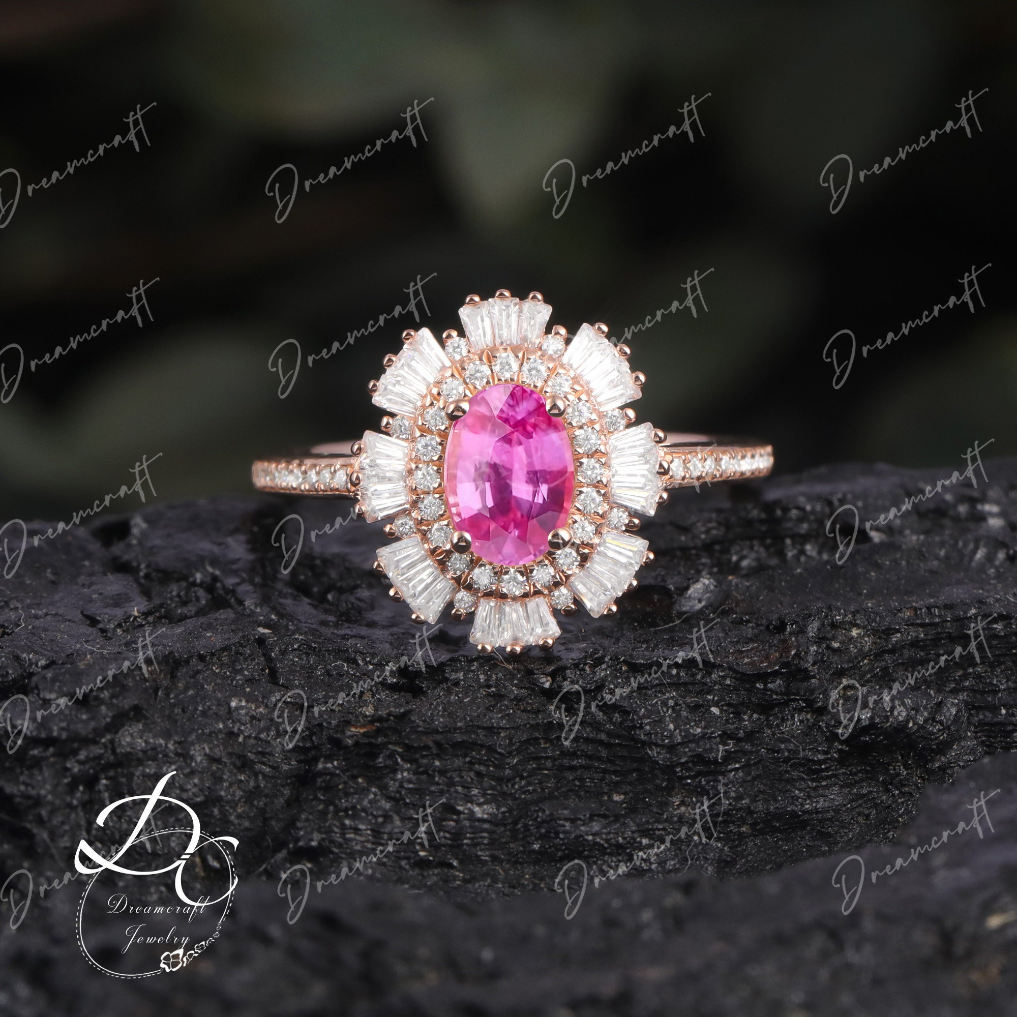 Vintage Pink Sapphire Oval Engagement Ring Rose Gold Halo Diamond Art Deco Gatsby Ring Antique Half Eternity Wedding Bridal Ring Anniversary
