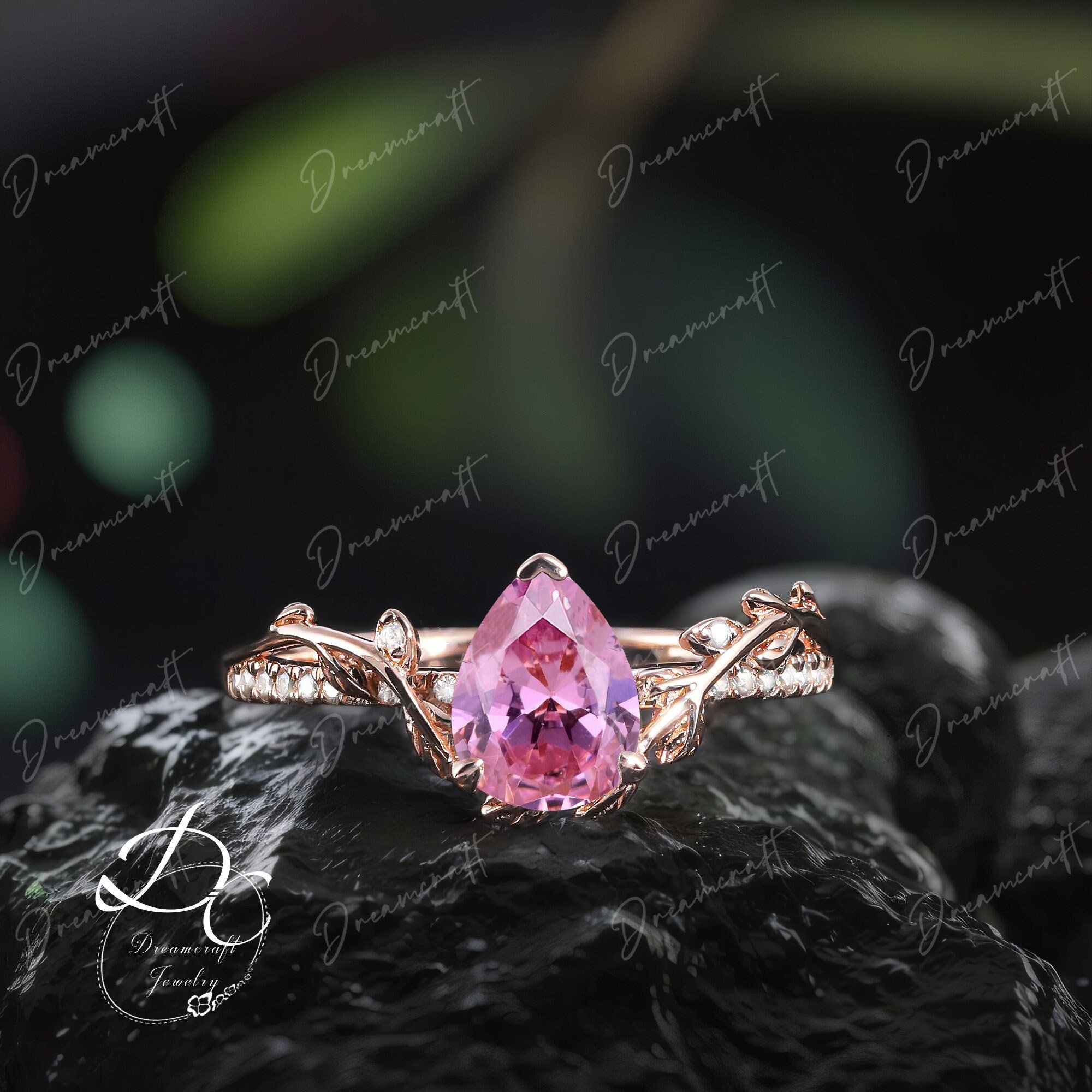 Vintage Pear Shaped Pink Sapphire Engagement Ring Nature Inspired Cluster Promise Ring Rose Gold Art Deco Leaf Gemstone Anniversary Women