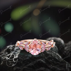 Vintage Pear Pink Sapphire Engagement Ring Unique Cluster Promise Ring Gold Art Deco Leaf Sep Birthstone Gemstone Branch Nature Inspired