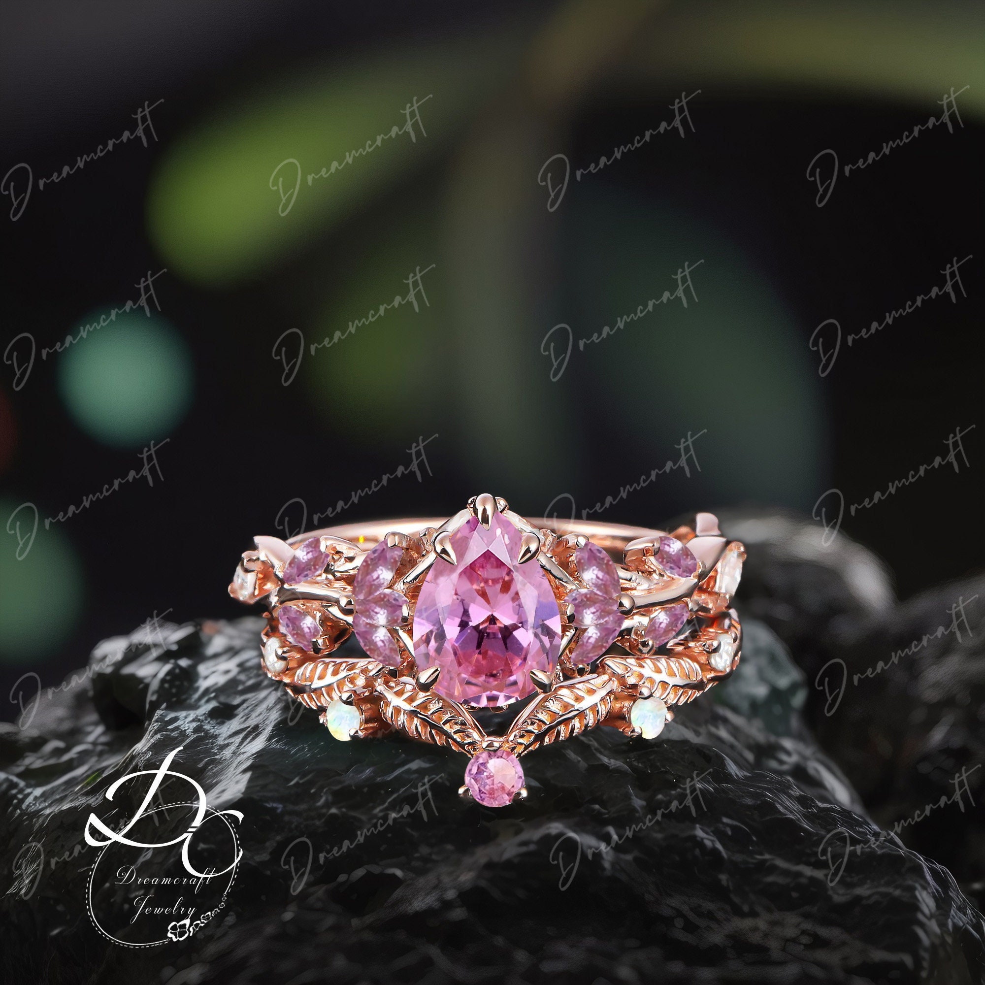 Vintage Pear Shaped Pink Sapphire Engagement Ring Sets Nature Inspired Cluster Promise Ring Rose Gold Art Deco Leaf Gemstone Branch Ring Vintage Pear Shaped Pink Sapphire Engagement Ring Sets Nature Inspired Cluster Promise Ring Rose Gold Art Deco Leaf Gemstone Branch Ring