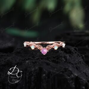 Vintage Pink Sapphire Wedding Band Rose Gold Leaf Curved Wedding Band Moissanite Matching Band Stacking Band Unique Anniversary Ring Women