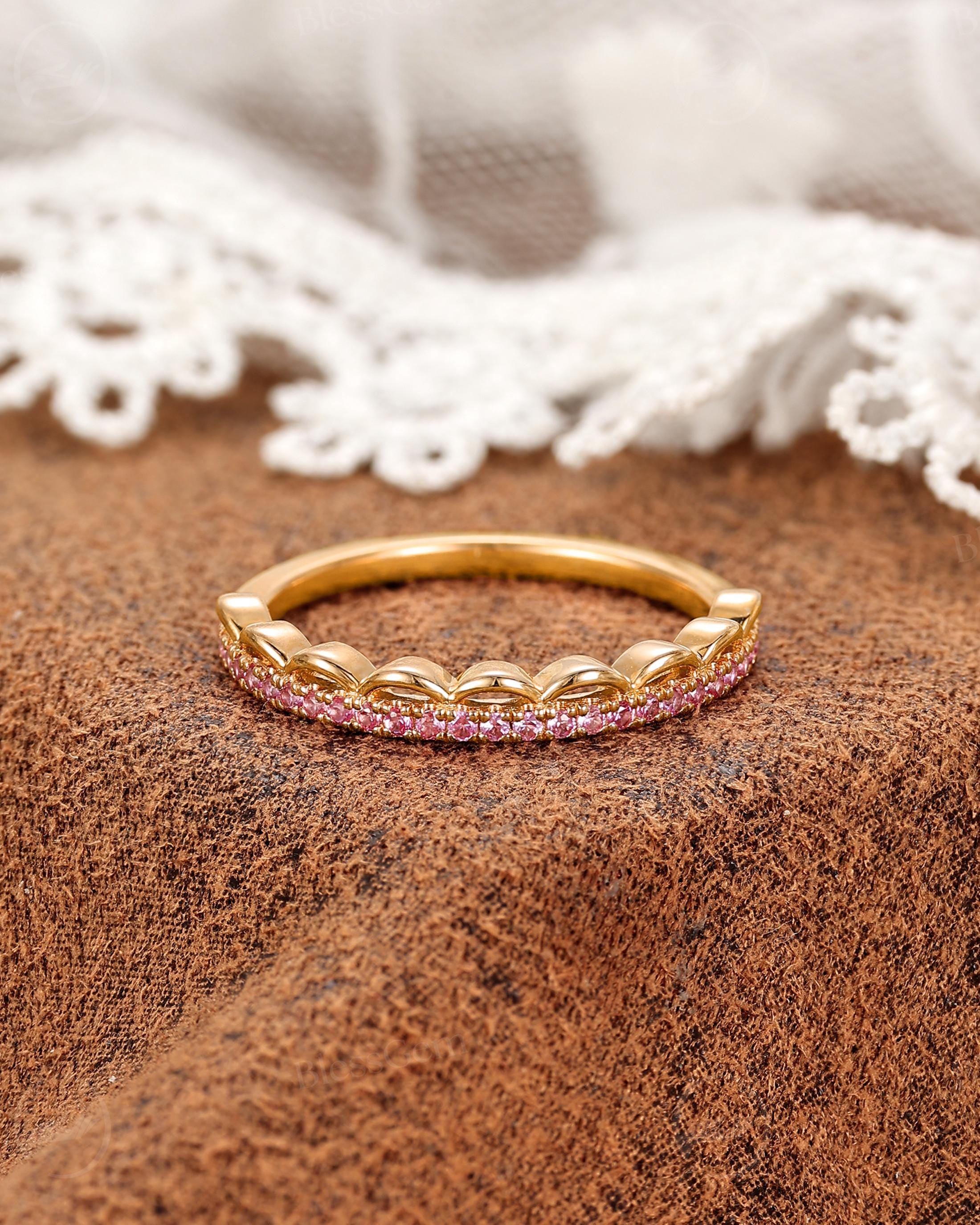Pink Sapphire Wedding Band By Blessgem • Yellow Gold • Crown & Lace • Gift For Her Pink Sapphire Wedding Band By Blessgem • Yellow Gold • Crown & Lace • Gift For Her