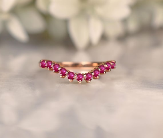 Pink Sapphire Wedding Band, Sterling Silver Curved Eternity Ring