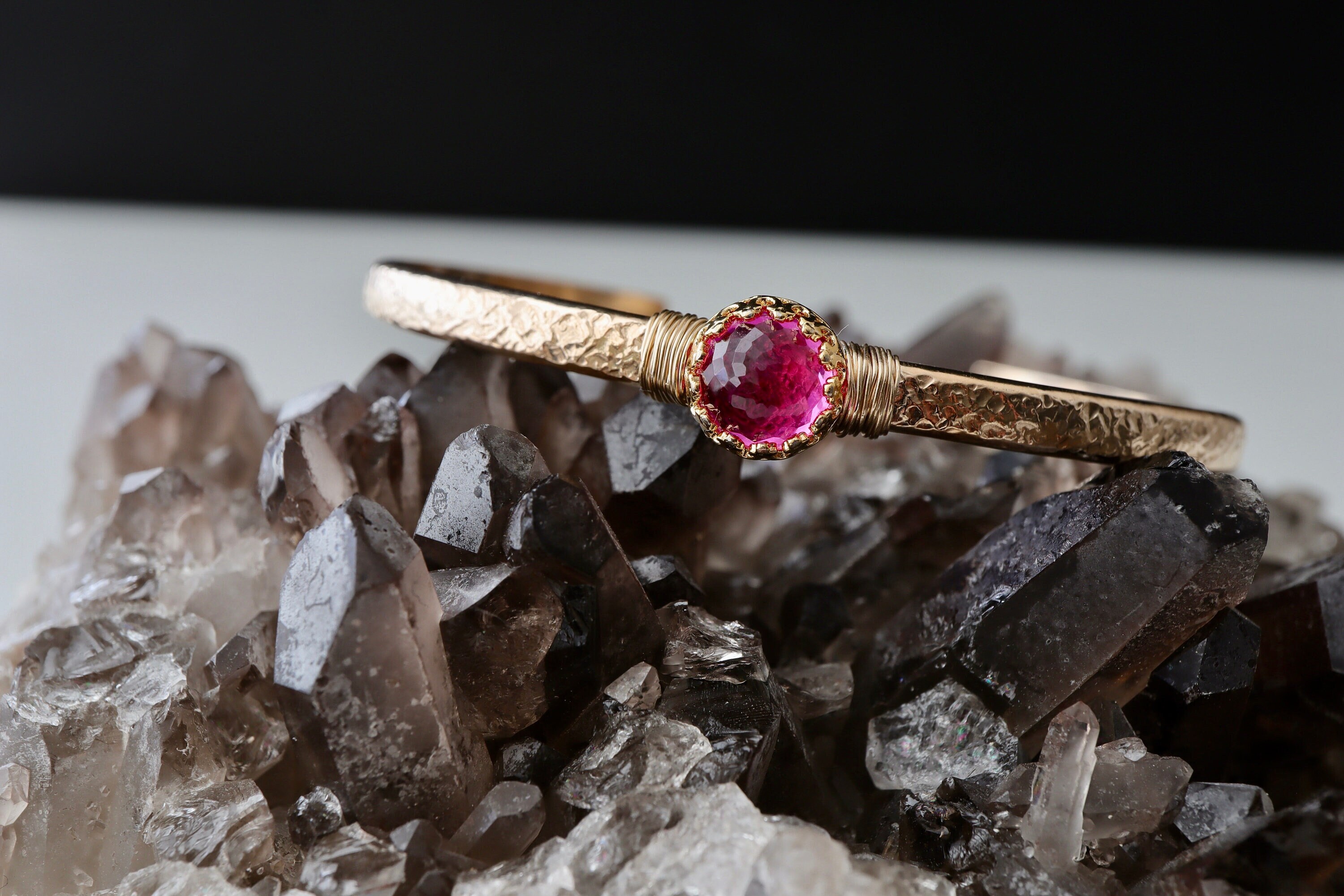 3 Ct Pink Tourmaline Deco Cuff , October Birthstone , 8th Anniversary Engraved Gift For Her , Lab Created Pink Tourmaline 14kt Gold Bracelet
