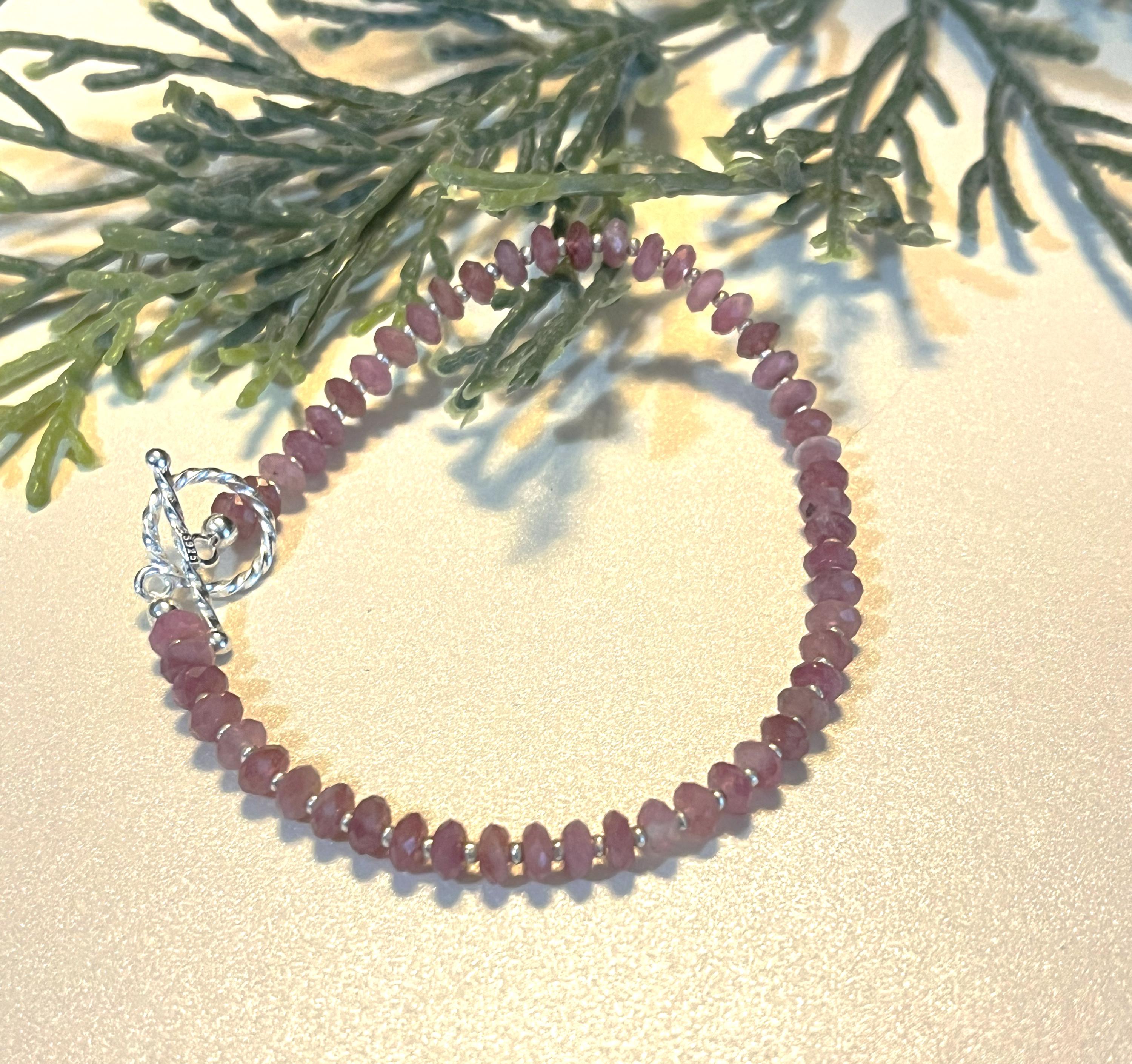 Pink Tourmaline And Sterling Silver Beaded Bracelet, All Natural Gemstones Pink Tourmaline And Sterling Silver Beaded Bracelet, All Natural Gemstones
