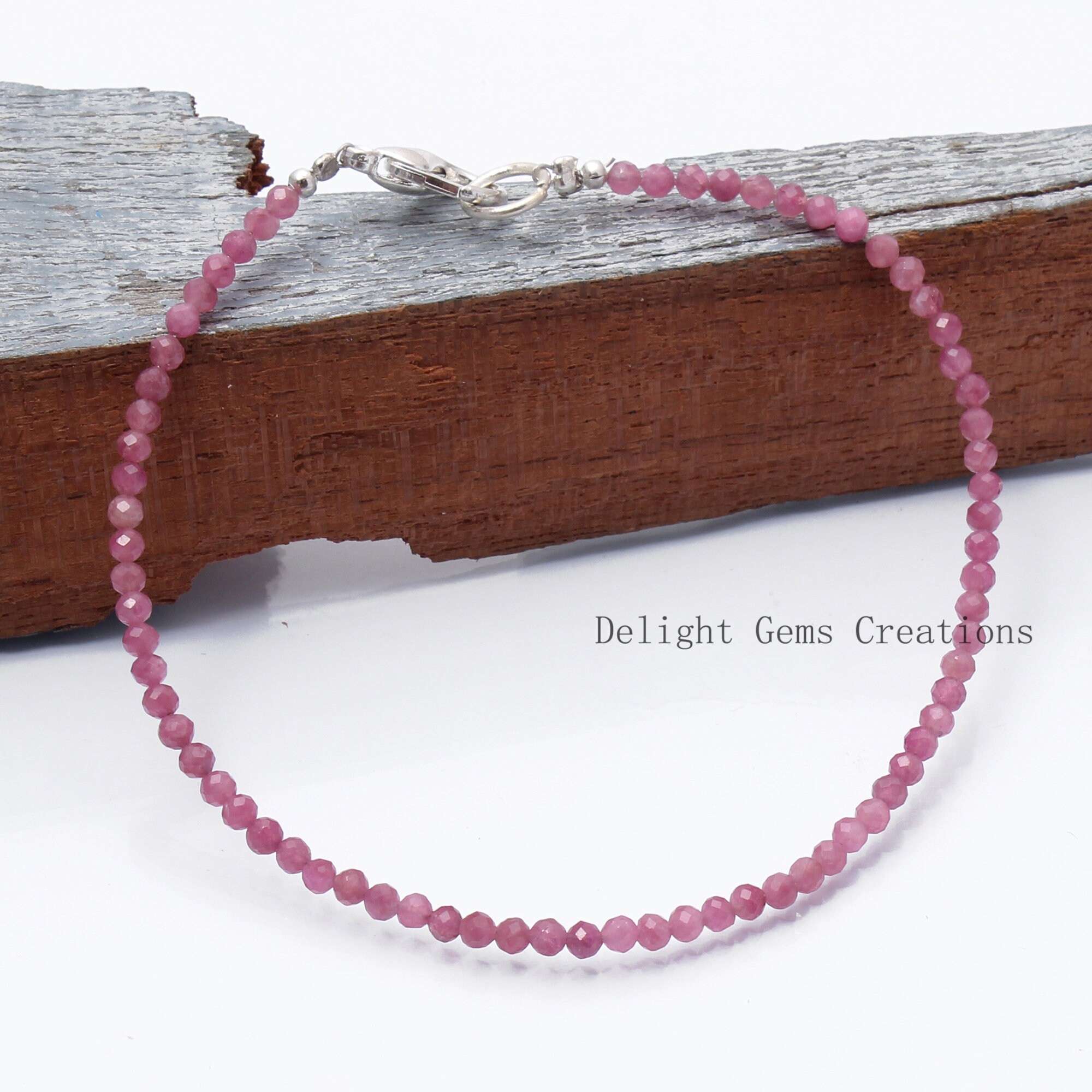 Pink Tourmaline Beaded Bracelet, 2mm Micro Faceted Round Beads