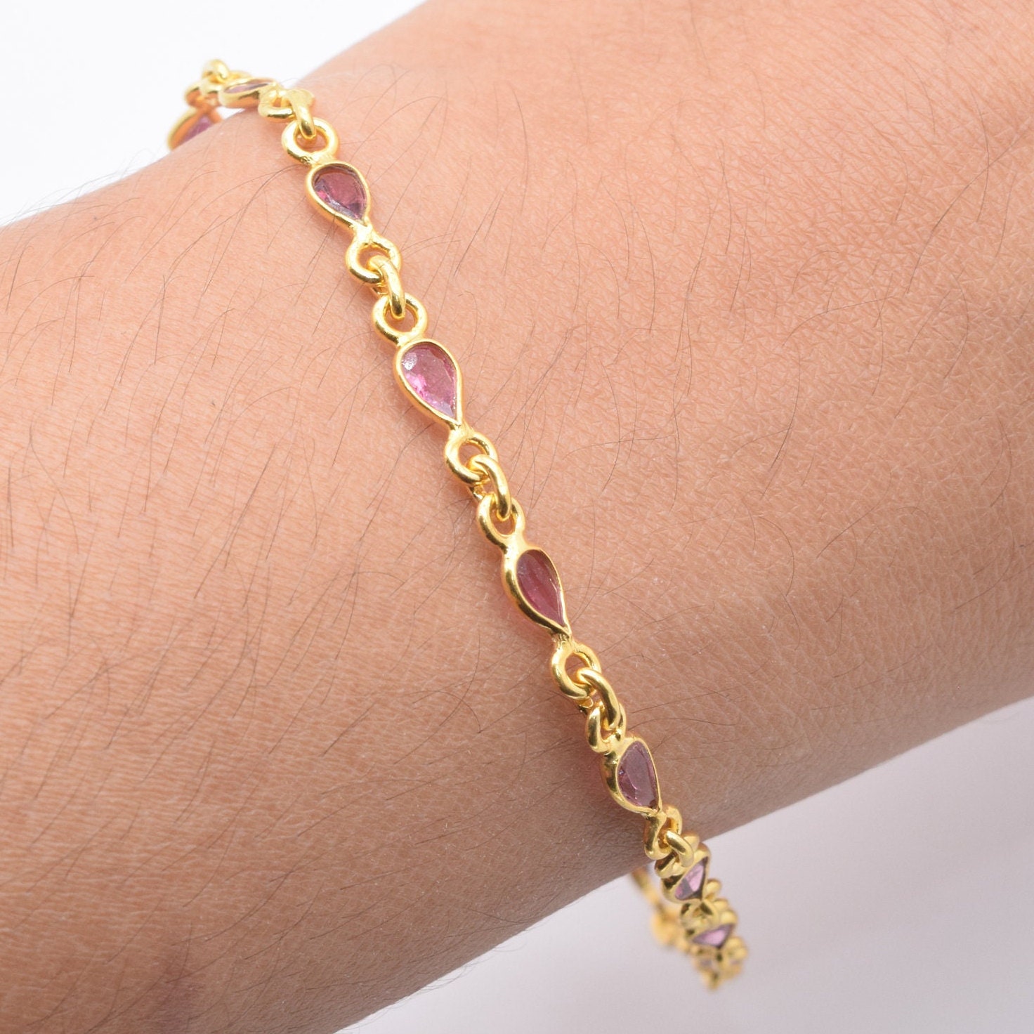 Handmade 9k/14k/18k Gold Pink Tourmaline Pear Bracelet: October Birthstone Handmade 9k/14k/18k Gold Pink Tourmaline Pear Bracelet: October Birthstone