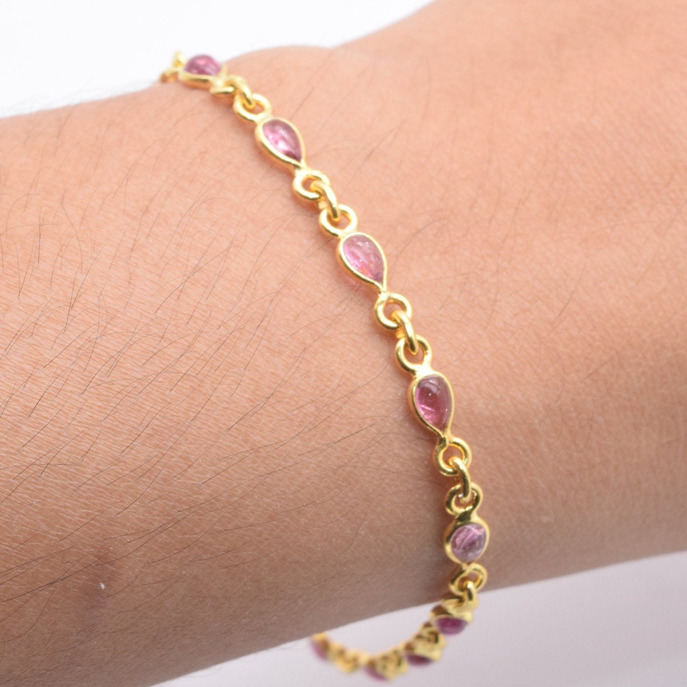 Handmade 9k/14k/18k Gold Pink Tourmaline Teardrop Bracelet - October Birthstone