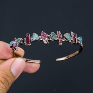 Handmade Copper Cuff Bracelet: Aquamarine & Pink Tourmaline Gemstone Bangle Handmade Copper Cuff Bracelet: Aquamarine & Pink Tourmaline Gemstone Bangle
