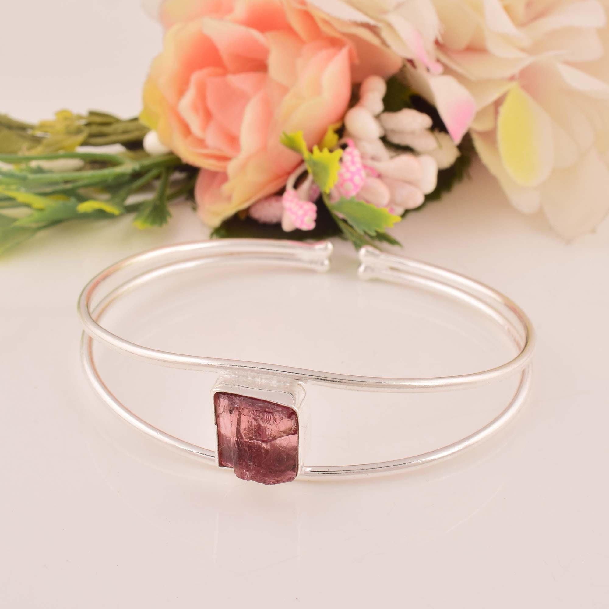 Raw Pink Tourmaline Bracelet In 925 Sterling Silver | Dainty Rough Gemstone Cuff | Natural Crystal Bangle | Pink Gem Jewelry Gift For Her