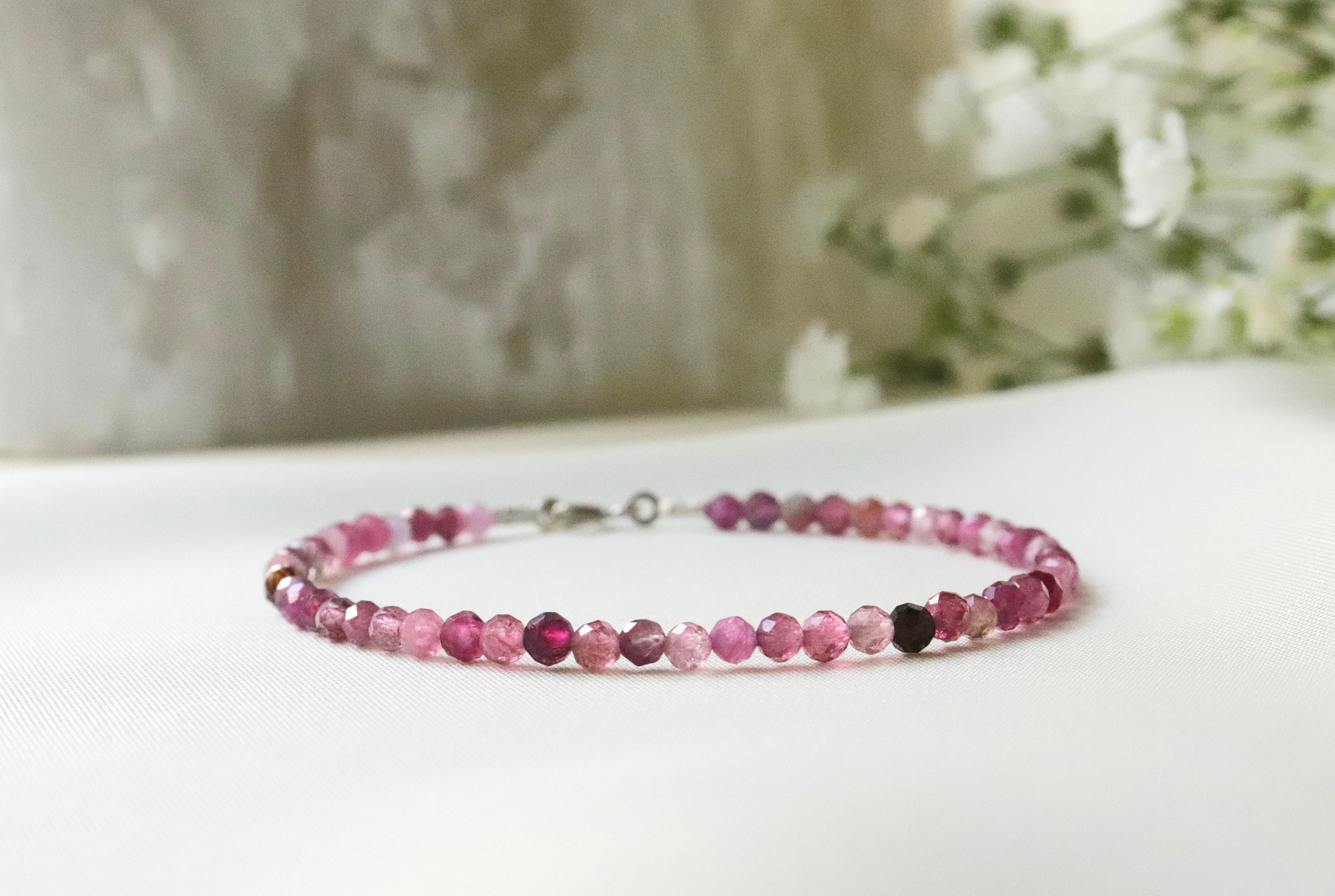 Pink Tourmaline Bracelet, Pink Skinny Bracelet, 3mm Bead Bracelet, Gift For Her, Tourmaline Jewelry, October Birthstone, Womens Bracelet