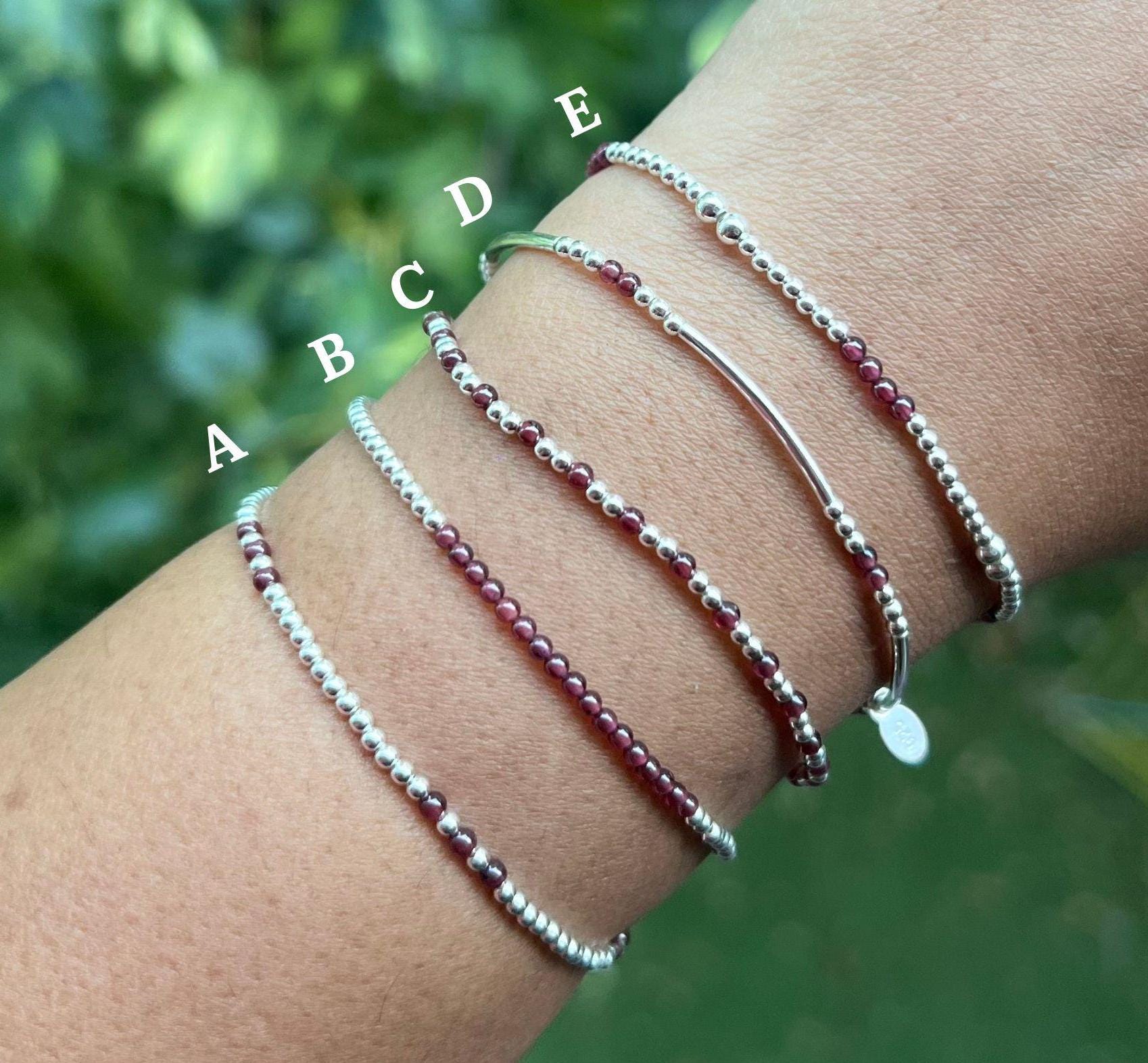 Dainty Pink Tourmaline Sterling Silver Bracelet, Minimalist Beaded Stacking Jewelry