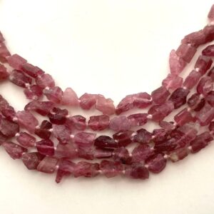 6-8mm Raw Pink Tourmaline Gemstone Nuggets. 7.5” Strand Of Deep Pink Tourmaline Very Raw Nuggets, 22-24 Beads Per Strand.