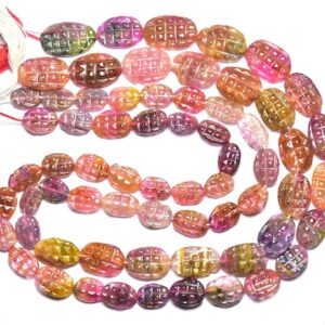 Tourmaline Carving Nuggets Beads - 14 Inches,natural Hand Carved Pink Tourmaline Carving Oval Shape,size Is 9-14mm #383