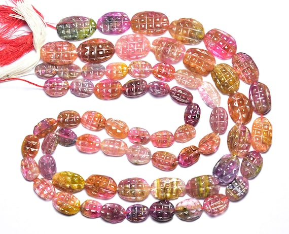 Tourmaline Carving Nuggets Beads - 14 Inches,natural Hand Carved Pink Tourmaline Carving Oval Shape,size Is 9-14mm #383