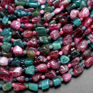 Natural Pink Tourmaline Blue Indicolite Freeform Pebble Nugget Beads Gemstone 15.5" Strand