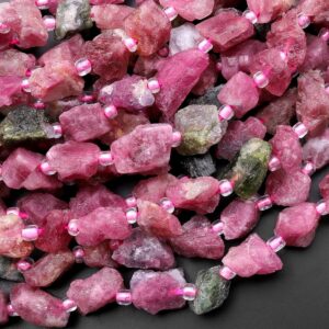 Rough Raw Natural Pink Tourmaline Beads 6mm 8mm Freeform Nuggets 15.5" Strand