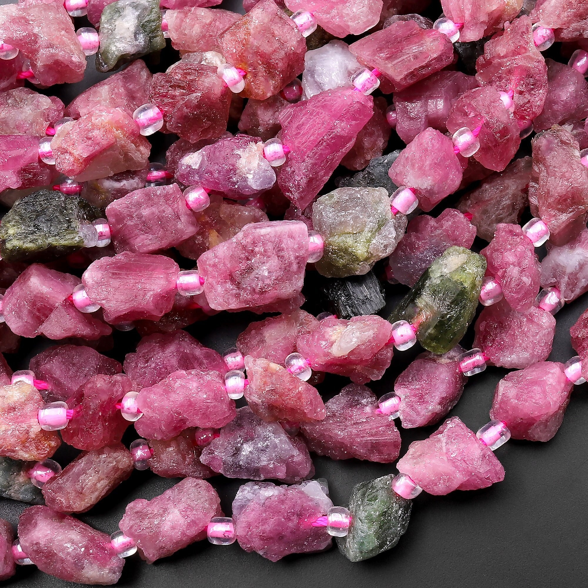 Rough Raw Natural Pink Tourmaline Beads 6mm 8mm Freeform Nuggets 15.5" Strand