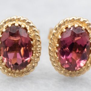 14K Gold Pink Tourmaline Earrings, Twisted Frame Studs