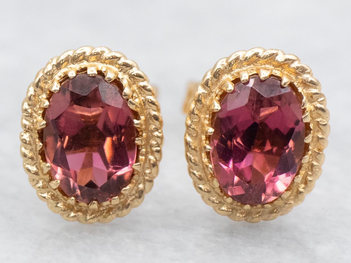 14k Gold Pink Tourmaline Earrings, Twisted Frame Studs