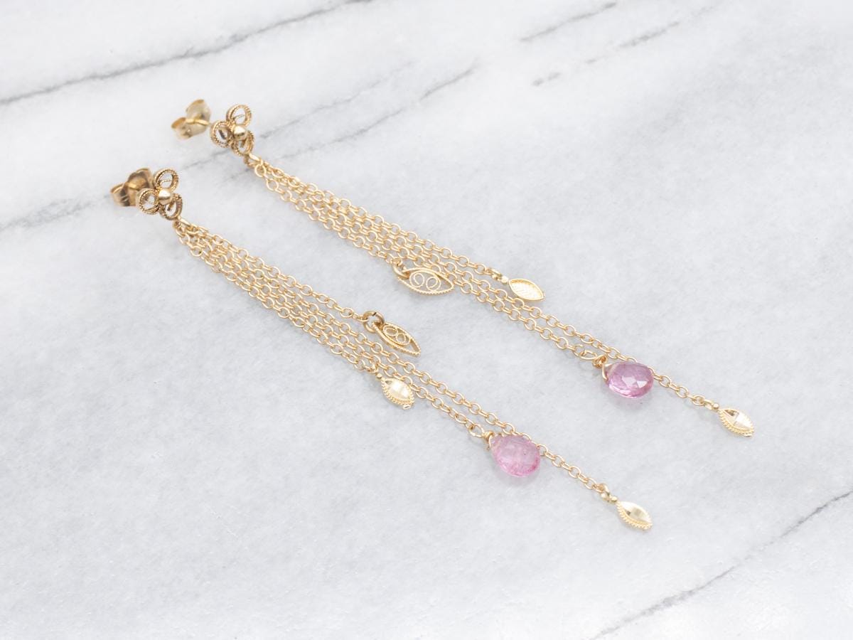 14k Yellow Gold Pink Tourmaline Briolette Tassel Drop Earrings 14k Yellow Gold Pink Tourmaline Briolette Tassel Drop Earrings