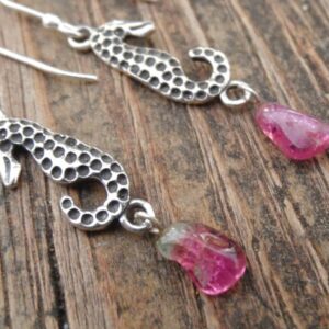 925 - Seahorse Pink Tourmaline Earrings, Sterling Silver, Natural Stone Pink Tourmaline Stone, Sea Horse Pink Gemstone Earrings, Ooak