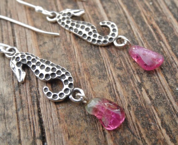 925 - Seahorse Pink Tourmaline Earrings, Sterling Silver, Natural Stone Pink Tourmaline Stone, Sea Horse Pink Gemstone Earrings, Ooak 925 - Seahorse Pink Tourmaline Earrings, Sterling Silver, Natural Stone Pink Tourmaline Stone, Sea Horse Pink Gemstone Earrings, Ooak