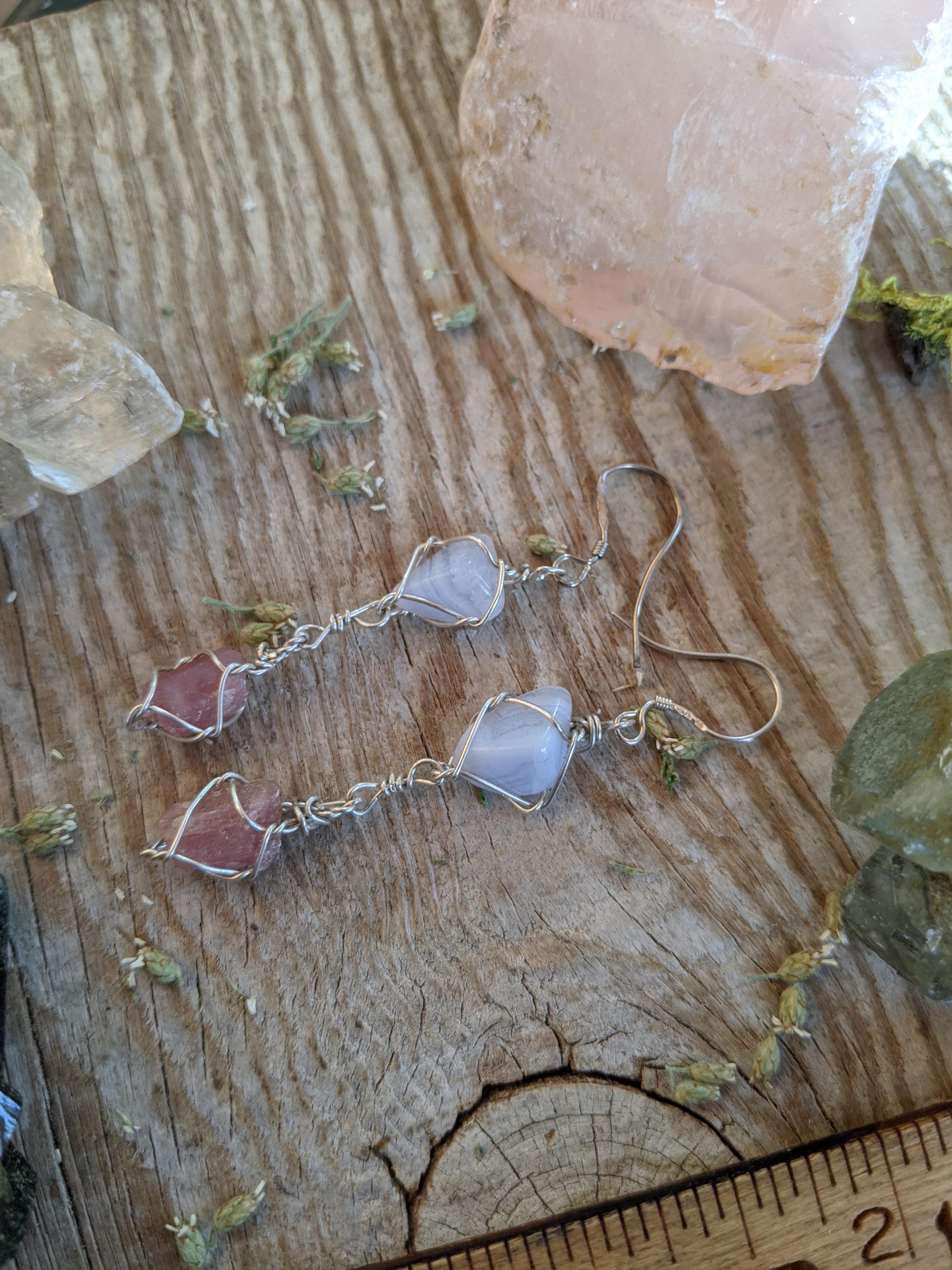 Blue Lace Age And Pink Tourmaline Combo Earrings In Sterling Silver