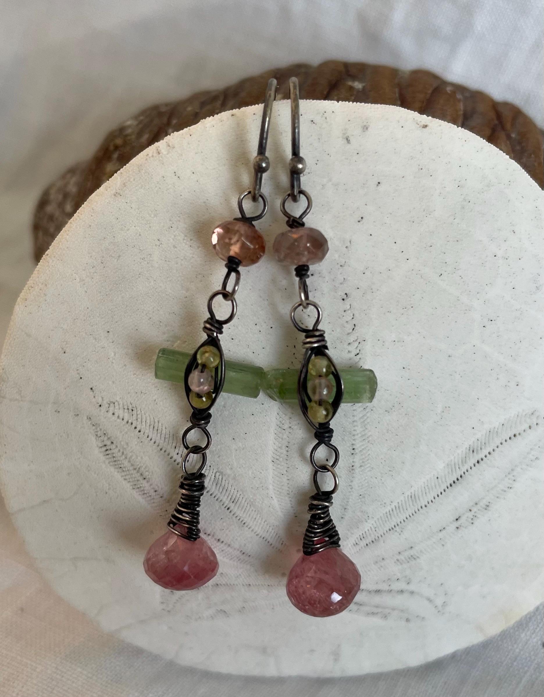 Pink Tourmaline Briolette Earrings: Sterling Silver Wire Wrapped Dangle Pink Tourmaline Briolette Earrings: Sterling Silver Wire Wrapped Dangle