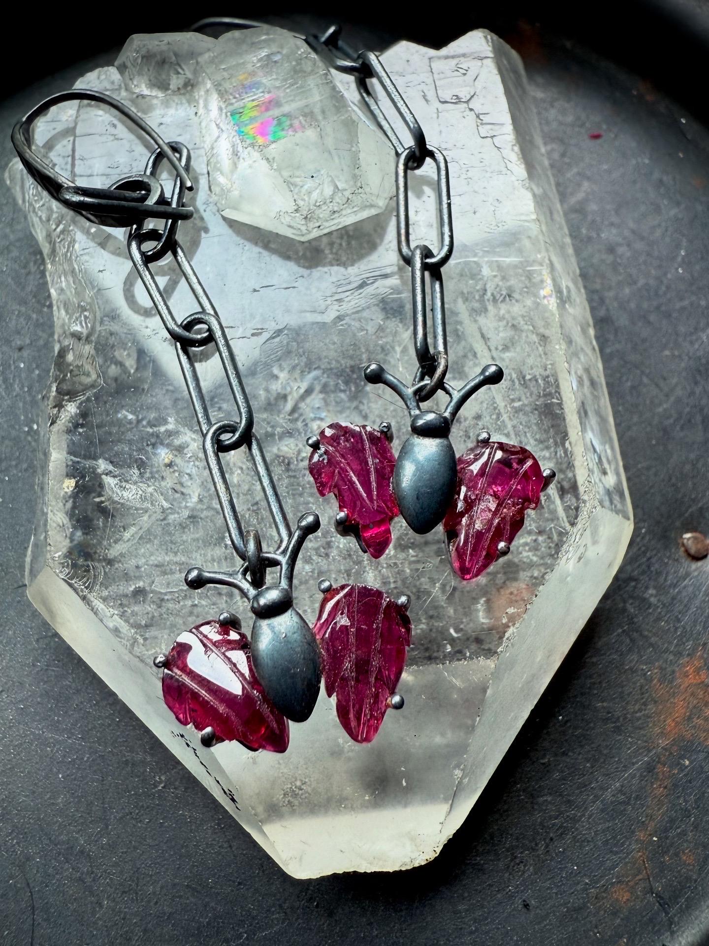Pink Tourmaline Earrings, Butterfly Earrings, Pink Stone Earrings
