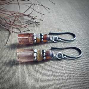 Pink Tourmaline Crystal Earrings on Antiqued Sterling Silver