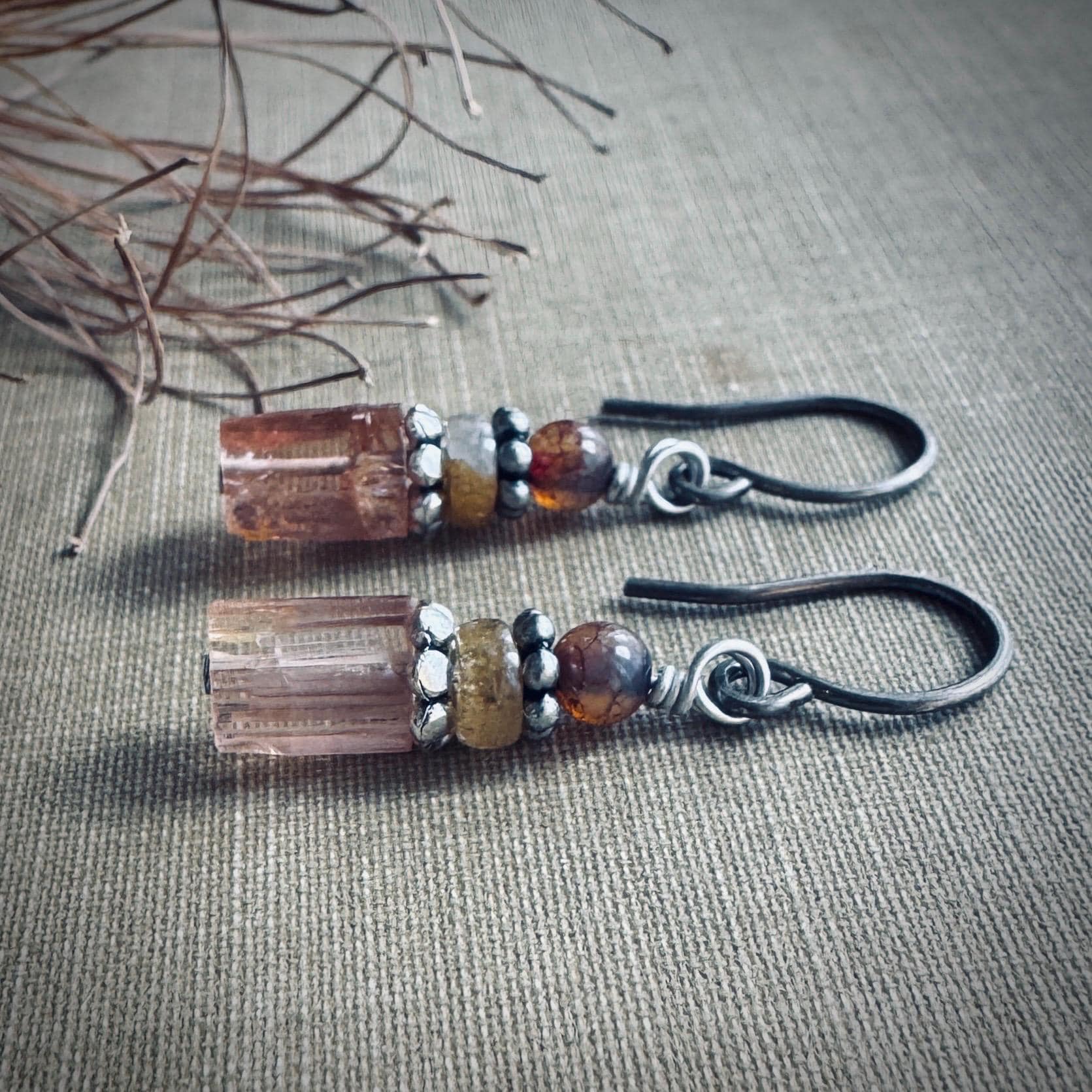 Pink Tourmaline Crystal Earrings On Antiqued Sterling Silver