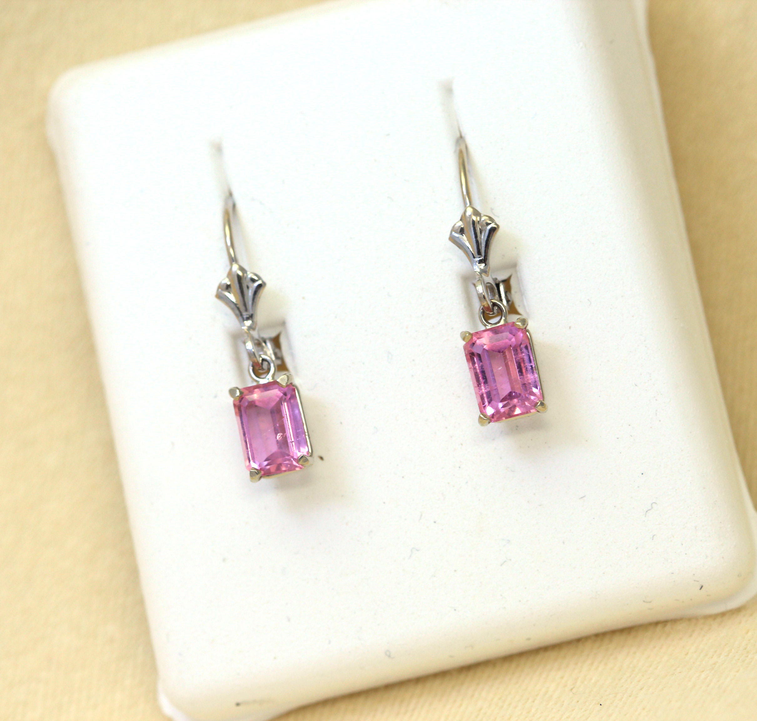 Pink Tourmaline Earrings, Custom White Gold Tourmaline Dangle Earrings, Handmade Pink Tourmaline Leverback Earrings