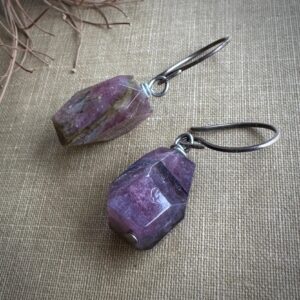 Dark Pink Tourmaline Nugget Earrings on Antiqued Sterling Silver