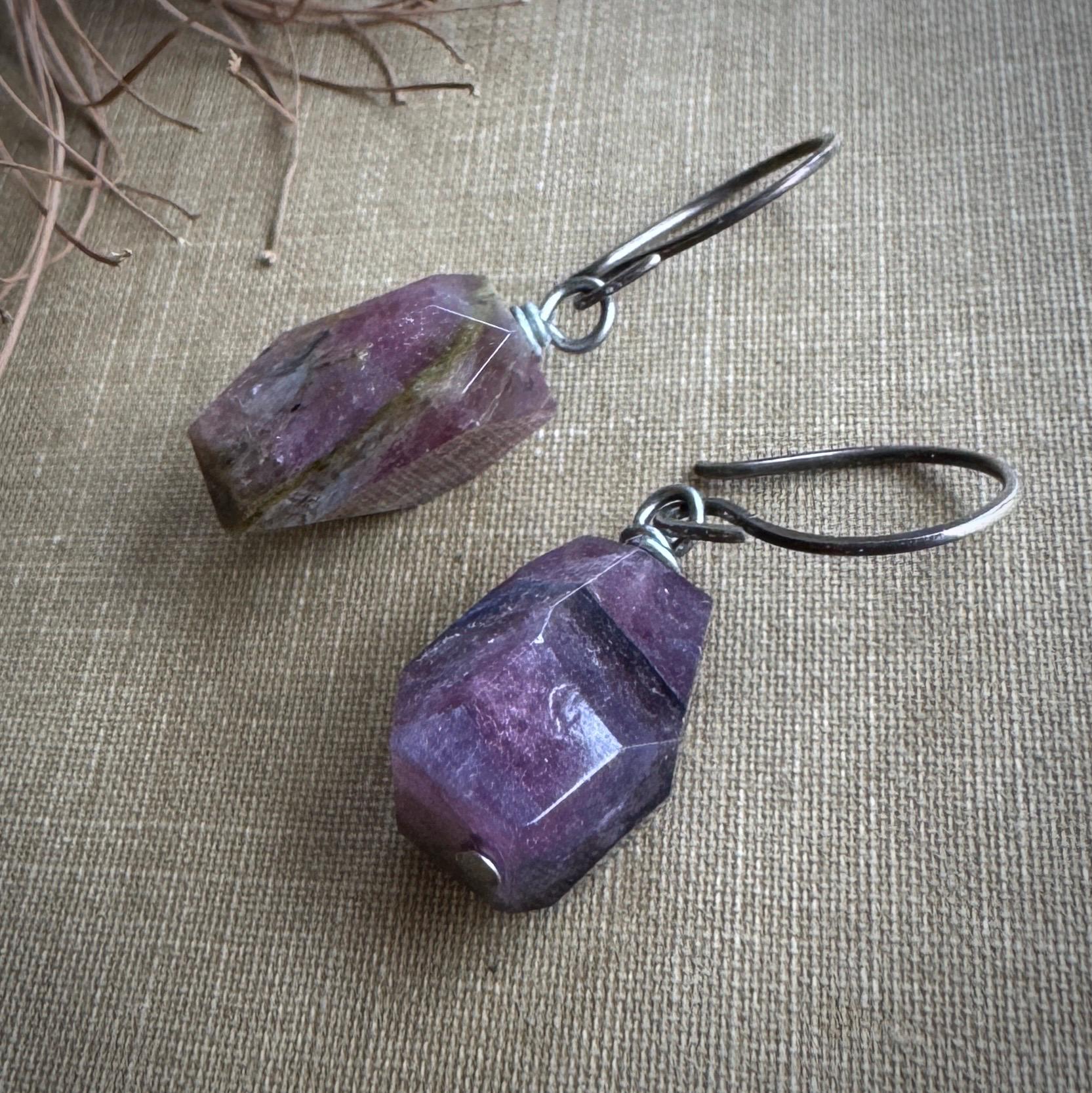 Dark Pink Tourmaline Nugget Earrings On Antiqued Sterling Silver
