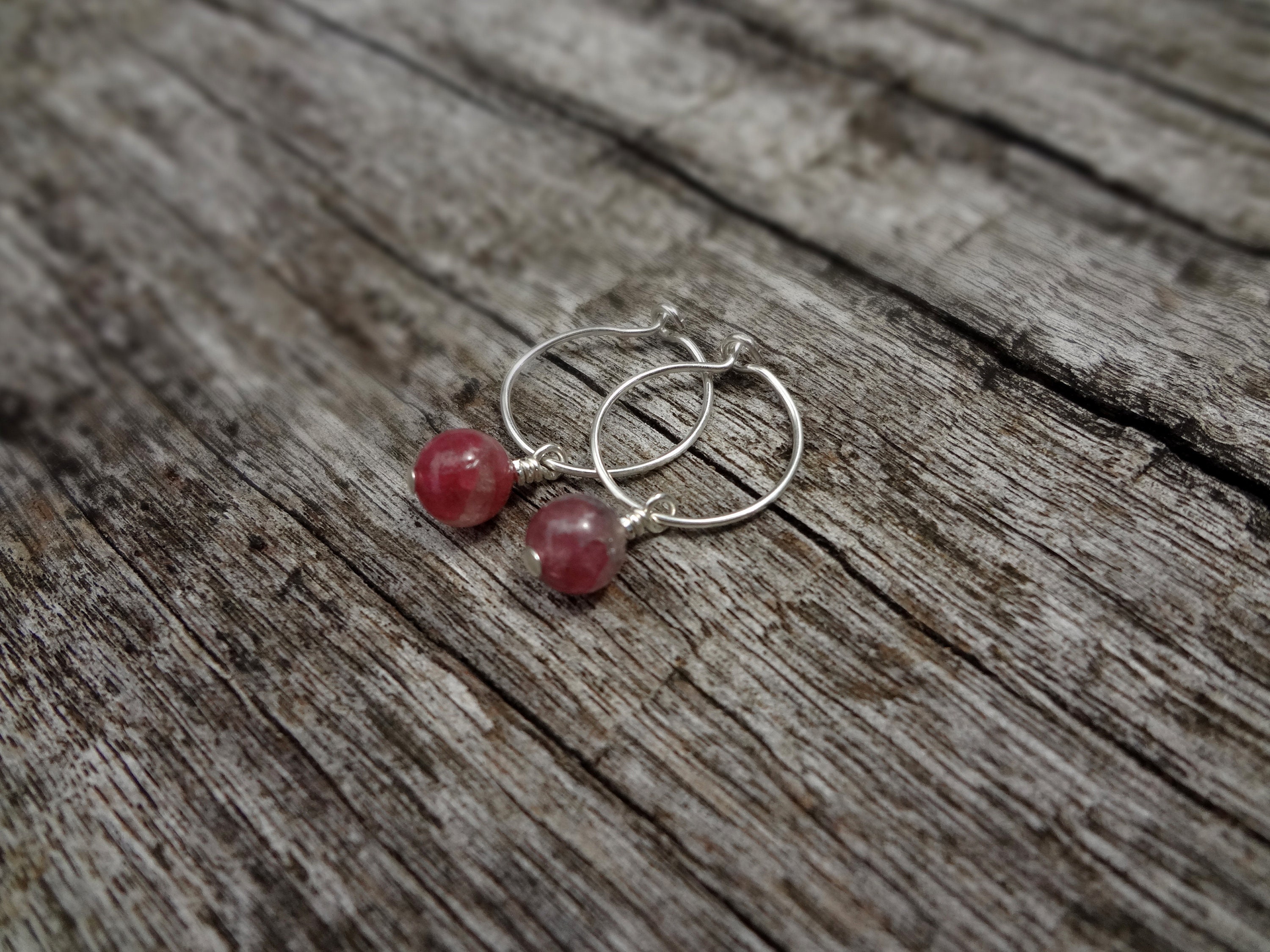 Tourmaline Earring Charms. Dainty Pink Tourmaline And Sterling Silver Gemstone Hoop Earrings Handmade In Australia By Miss Leroy