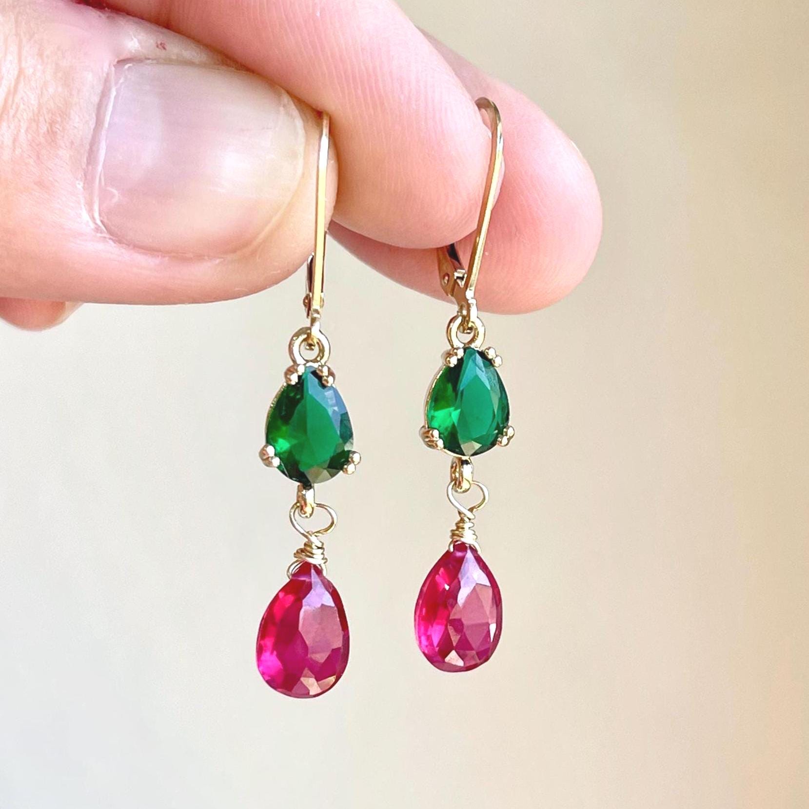 Emerald Quartz And Pink Tourmaline Earrings, Green And Hot Pink Dangle Earrings In Gold, May Birthstone, Vivid Elegant Mother's Day Gift
