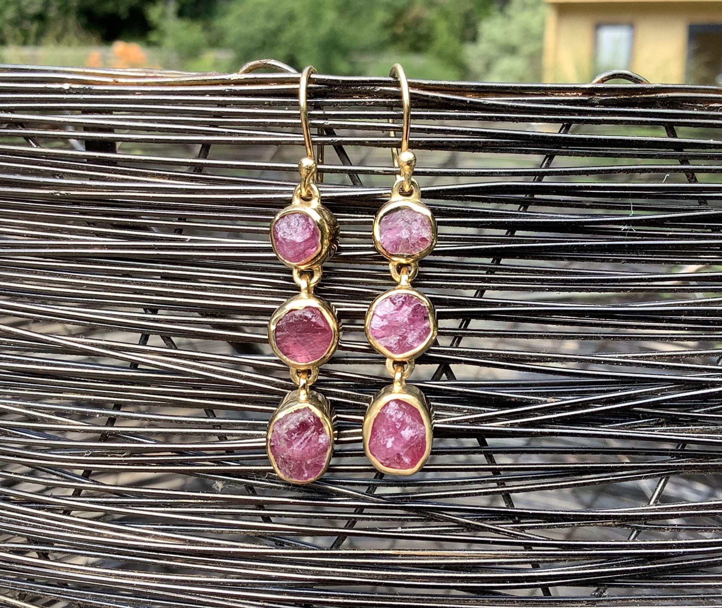 Pink Tourmaline Gold Vermeil Drops, Raw Gemstone Earrings, Gift For Wife Or Girlfriend
