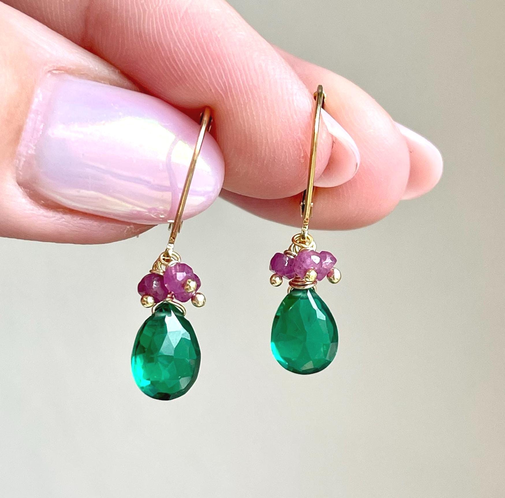 Green Quartz And Pink Tourmaline Earrings, Emerald Green And Pink Minimalist Teardrop Earrings Gold Or Silver, Tiny Vivid Drops Holiday Gift
