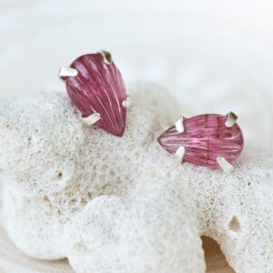 Hand Carved Pink Tourmaline Sterling Silver Stud Earrings