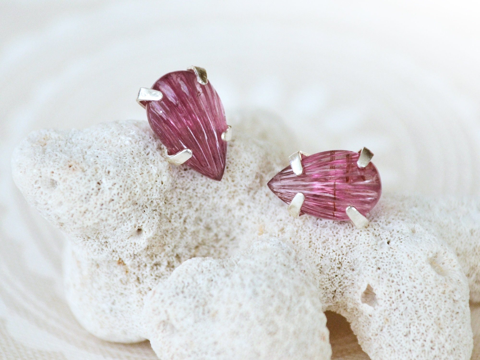 Hand Carved Pink Tourmaline Sterling Silver Stud Earrings Hand Carved Pink Tourmaline Sterling Silver Stud Earrings