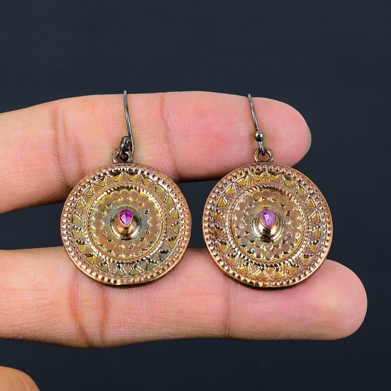 Handmade Copper Earrings, Pink Tourmaline Gemstone, Electroformed Jewelry