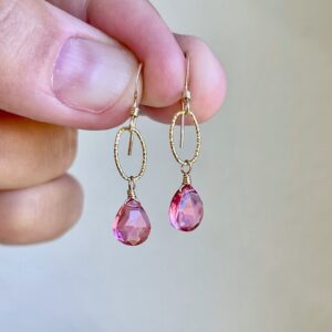 Pink Tourmaline Earrings, Hot Fuchsia Gold Earrings, October Birthstone, Simple Everyday Tiny Dangle Earrings, Dainty Delicate Gift for her.