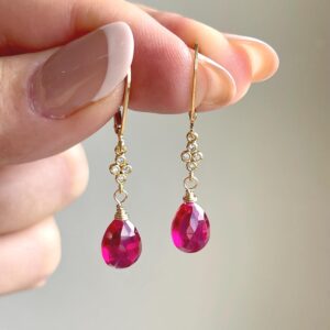 Pink Tourmaline Earrings, Hot Fuchsia Small Teardrop Dangle Earrings, October Birthstone, Gold Hot Pink Minimalist Earrings, Gift for women