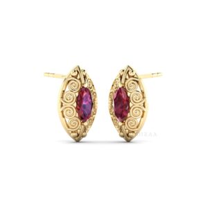 Marquise Shape Pink Tourmaline Stud Earrings, Spiral Filigree 3D Pattern Earrings, Gold Finish High Quality Gemstone Earrings For Her