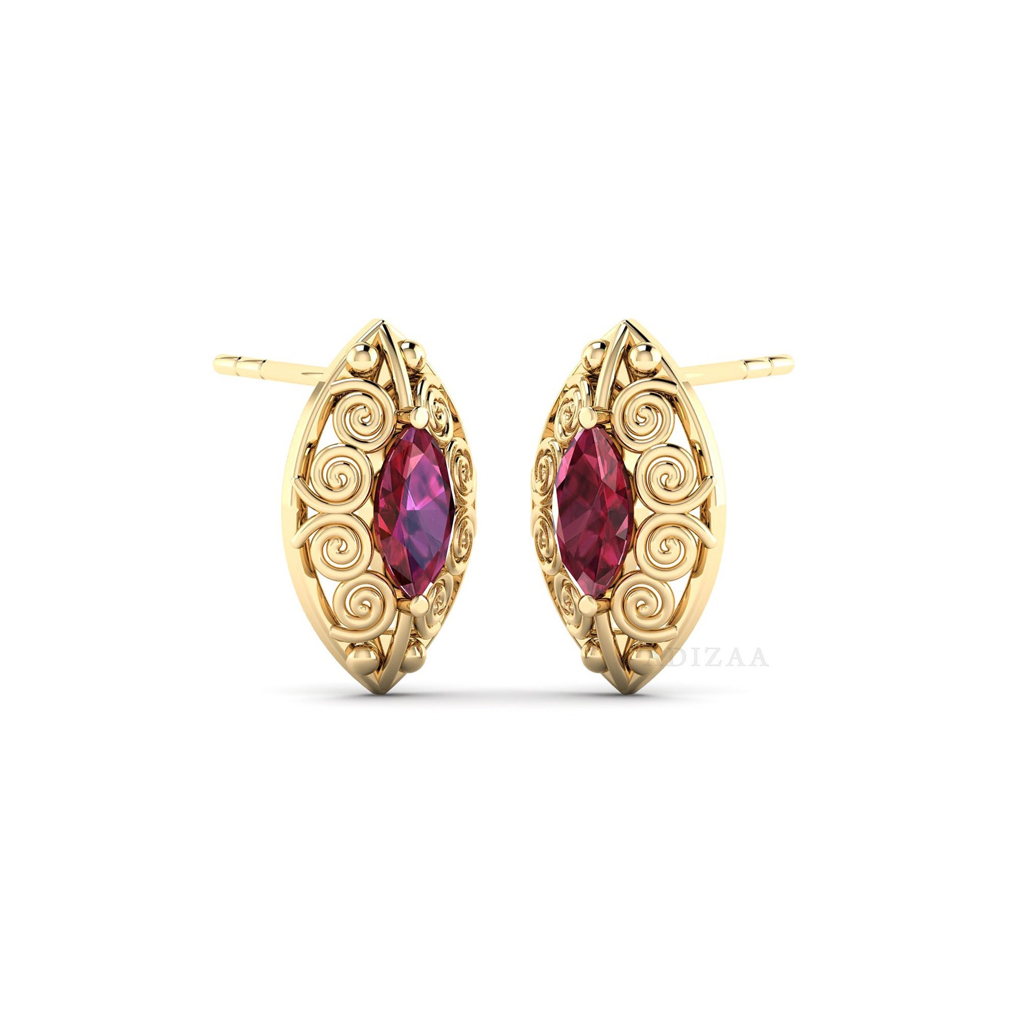 Marquise Shape Pink Tourmaline Stud Earrings, Spiral Filigree 3d Pattern Earrings, Gold Finish High Quality Gemstone Earrings For Her