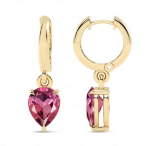 Minimalist Pink Tourmaline Dainty Earring For Women 925 Sterling Silver Pink Tourmaline Tear Drop Hoop Earrings Art Deco Wedding Earrings