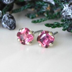 Natural Pink Tourmaline 4mm Stud Earrings: Second Hole Studs, Sterling Silver, October Birthstone